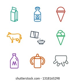 9 milk icons. Trendy milk icons white background. Included outline icons such as udder, baby bottle, milk can, ice cream, cereal, cow. icon for web and mobile.