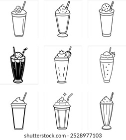 "9 projetos vetoriais de milkshake em desenhos animados, clipart e estilo de arte de linha, perfeito para impressão."






