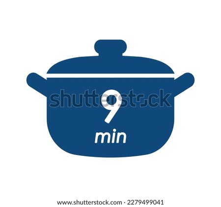 9 min cooking time blue label, cooking pot symbol with nine minutes mark, boiling time simple vector element