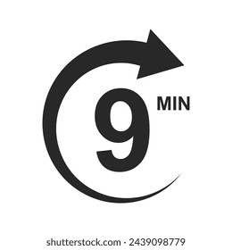 Signo de cuenta regresiva de 9 minutos. Icono de nueve minutos con flecha de círculo. Símbolo de cronómetro. Temporizador de deporte o cocina aislado sobre fondo blanco. Pictograma de entrega, plazo o duración. Ilustración gráfica vectorial.
