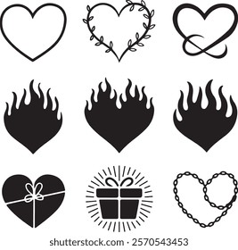 9 Minimalist Heart Silhouette Icon Set.