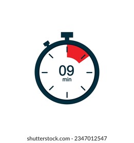9 minutes, 9 min stopwatch vector icon. Stopwatch icon in flat style on a white background. Vector.