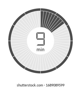 The 9 minutes stopwatch icon, digital timer. Vector illustration.