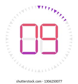 The  9 minutes, stopwatch vector icon, digital timer. Vector digital count down circle board with circle time pie diagram. Watch outline style design, designed for web and app.