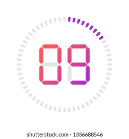The 9 minutes, stopwatch vector icon, digital timer. Vector digital count down circle board with circle time pie diagram. Watch outline style design, designed for web and app.