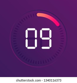 The 9 minutes, stopwatch vector icon, digital timer. Vector digital count down circle board with circle time pie diagram. Watch outline style design, designed for web and app.