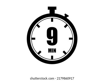 Reloj de 9 minutos. Medida del tiempo. Icono vectorial del ronómetro negro aislado en fondo blanco.