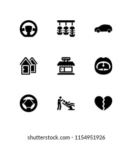 9 mirror icons in vector set. car black side silhouette, shop store frontal building, dressing room and dentist illustration for web and graphic design