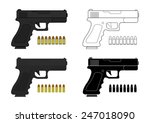 9 mm pistol and bullets. Color, contour, silhouette. Vector clip art illustrations isolated on white