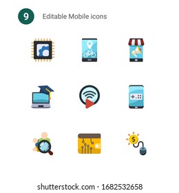 9 mobile flat icons set isolated on . Icons set with Electronics repair, Bike rental app, Mobile marketing, eCommerce, Livestream, Mobile game, Audience targeting, digital wallet icons.