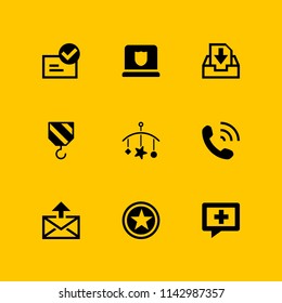 9 mobile icon set with laptop, chat and telephone vector illustration for graphic design and web