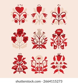 9 Ilustración de flores simétricas de Vector de estilo popular moderno. Ilustración de flores simétricas de estilo Folk. Ilustración floral simétrica de folk rojo. Clipart floral simétrico de estilo popular moderno