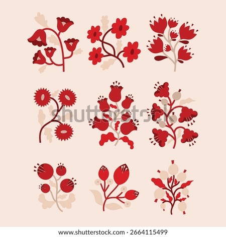 9 Modern folk style vector flowers illustration. Folk style flowers illustration. Red folk floral illustration. Modern folk style floral clipart. Abstract modern florals