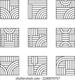 Logo de 9 líneas modernas. Formas geométricas cuadradas y circulares. Vector Eps10.