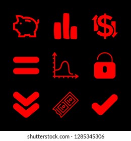 9 money icons with statistical chart and double down arrows in this set