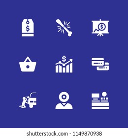 9 money icons in vector set. price, shopping basket button, cashier and business and finance illustration for web and graphic design