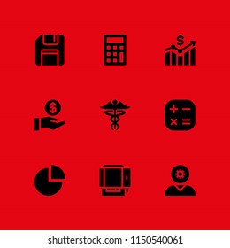 9 money icons in vector set. caduceus, calculator, save and graph illustration for web and graphic design