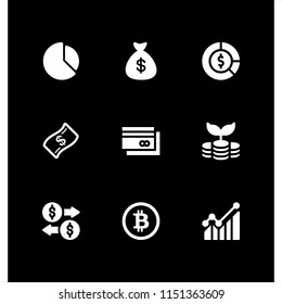 9 money icons in vector set. money bag with dollar symbol, bitcoin, business and finance and banknote illustration for web and graphic design