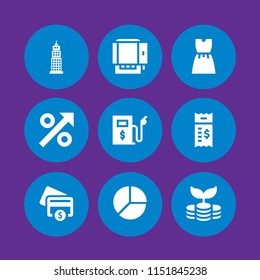 9 money icons in vector set. skyscraper, investment, business and finance and online payment illustration for web and graphic design