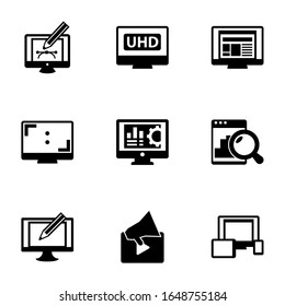 9 monitor filled icons set isolated on white background. Icons set with Webdesign, 4K Streaming, layout, Aspect Ratio, Accounting software, Web analytics, Digital illustration icons.
