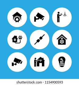 9 monitoring icons in vector set. security camera, smart home, cctv and security system illustration for web and graphic design