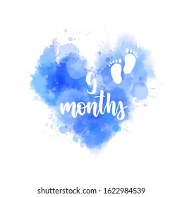 9 months - handwritten modern calligraphy lettering text. Pregnancy announcement. Baby gender reveal concept illustration. Watercolor imitation heart. Blue colored for baby boy.