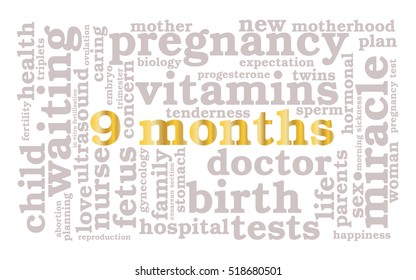 9 months. Word cloud, golden font, white background. The miracle of birth.