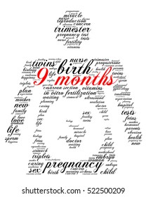 9 months. Word cloud, silhouette of a pregnant woman, italic font, white background. The miracle of birth.