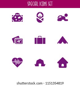 9 mother icons in vector set. newborn, trip, home and diaper illustration for web and graphic design