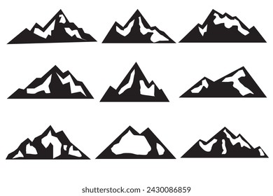 9 Berg Silhouette Icon Set. Rocky Mountains-Symbol oder Logo-Sammlung. Vektorgrafik