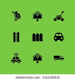 9 move icons in vector set. furniture and household, van, drive and delivery packages on a trolley illustration for web and graphic design