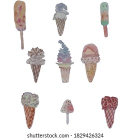 9 cremas de hielo multicolores de diferentes formas en una taza y sobre un palo, vector de acuarela hecho a mano, sobre un fondo blanco