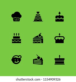 9 multicolored icons in vector set. trendy, birthday, cake and birthday cake illustration for web and graphic design