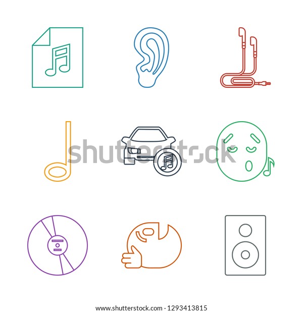 9 music icons. Trendy\
music icons white background. Included line icons such as speaker,\
dancing emoji, CD, emoji listening music, car note. icon for web\
and mobile.