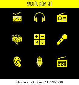 9 music icons in vector set. karaoke microphone icon, headphones, sings and man in a party dancing with people illustration for web and graphic design