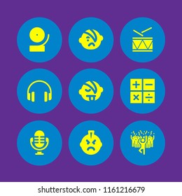 9 music icons in vector set. military drum musical instrument, sings, radio and punk illustration for web and graphic design