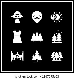 9 mysterious vector icon set with ufo, forest, dress and alien icons for mobile and web
