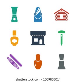 9 nail icons. Trendy nail icons white background. Included filled icons such as nail polish, sawing, beauty salon, wooden wall. icon for web and mobile.