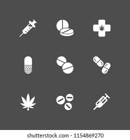 9 narcotic icons in vector set. drug and marijuana illustration for web and graphic design