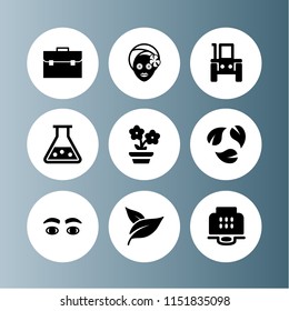 9 natural icons in vector set. leaf, flower, tractor front and flask illustration for web and graphic design