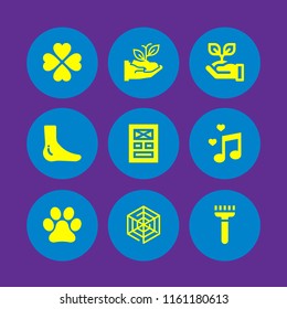 9 natural icons in vector set. sprout, animal paw print, rake and layout illustration for web and graphic design