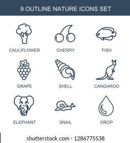 9 nature icons. Trendy nature icons white background. Included outline icons such as cauliflower, Cherry, fish, grape, shell, cangaroo, elephant. nature icon for web and mobile.