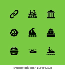 9 nautical icons in vector set. boat, sailboat, carrier and watercraft silhouette illustration for web and graphic design