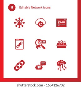 9 network filled icons set isolated on . Icons set with Affiliate marketing, Streaming service, coding, Web Link, Social Marketing, developers team, link building, Chat Bot icons.