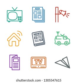 9 news icons. Trendy news icons white background. Included outline icons such as paper plane, TV, TV van, house al, megaphone, newspaper. news icon for web and mobile.