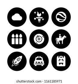 9 night icons in vector set. horseman, speed, taxi and planet earth illustration for web and graphic design