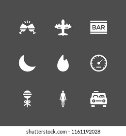 9 night icons in vector set. birthday and party, standing human body silhouette, fire and bar illustration for web and graphic design