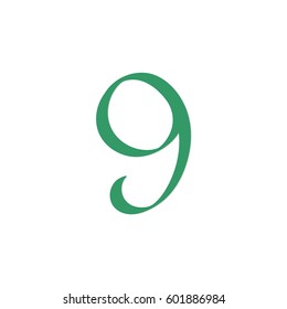 9, nine, calligraphy number design template, vector illustration