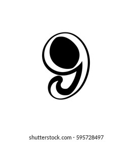9, nine, isolated sticker, calligraphy number, design template, vector illustration