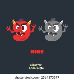 9, nine, Monster Cartoon numbers, Colourful Cartoon Monster Collection with Cute and Scary Designs